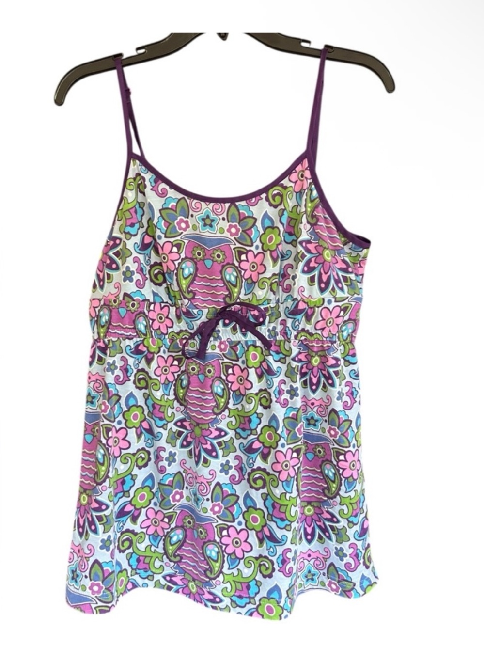 Y2K Nick & Nora Whimsical Retro Owl Novelty Print Ribbon Bow Babydoll Cami Top M - Picture 3 of 7